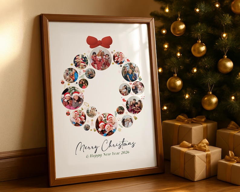 May include: A framed Christmas wreath photo collage with a red bow at the top. The wreath is composed of circular photos of people. The text "Merry Christmas & Happy New Year 2026" is written in script below the wreath.