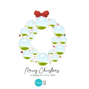 May include: A Christmas wreath design with a red bow at the top, composed of circular photo frames. The wreath is decorated with small festive elements. The text "Merry Christmas & Happy New Year 2026" is written below.