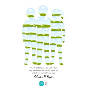May include: A graphic design featuring three silhouetted figures filled with landscape images of green hills and blue skies. The text reads "True friends never lose each other: they always find each other again. We will always think of you, Lucas. Adrian & Ryan."