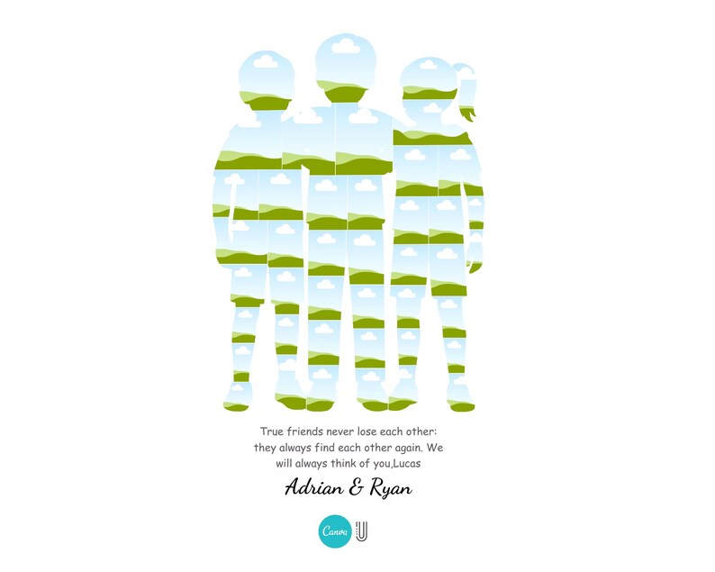 May include: A graphic design featuring three silhouetted figures filled with landscape images of green hills and blue skies. The text reads "True friends never lose each other: they always find each other again. We will always think of you, Lucas. Adrian & Ryan."