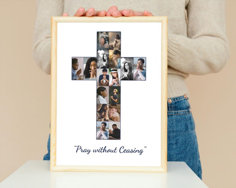 Christian Cross Photo Collage Template Canva PDF  Memorial Collage Bible Verse 1 Thessalonians