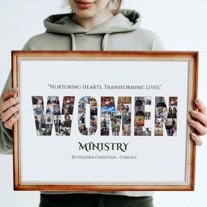 May include: A framed print with a wooden frame. The print features the word "WOMEN" composed of various photographs. Above the word is the phrase "NURTURING HEARTS, TRANSFORMING LIVES." Below the word is "MINISTRY" and "BETHLEHEM CHRISTIAN - CHRUCH."