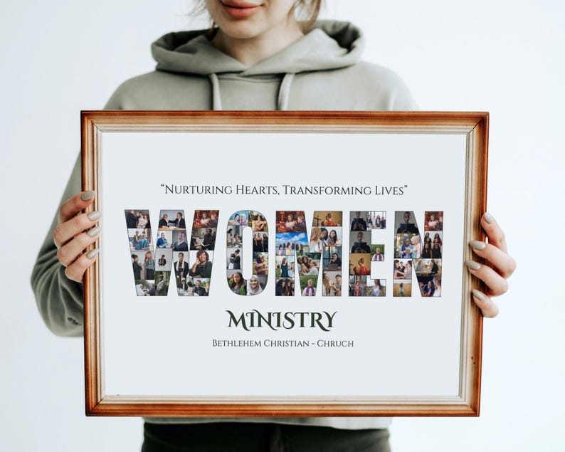 May include: A framed print with a wooden frame. The print features the word "WOMEN" composed of various photographs. Above the word is the phrase "NURTURING HEARTS, TRANSFORMING LIVES." Below the word is "MINISTRY" and "BETHLEHEM CHRISTIAN - CHRUCH."