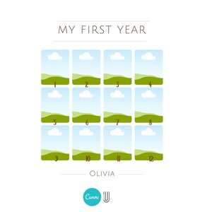 May include: A chart with 12 blue squares, each with a white cloud and a green hill. The squares are numbered 1 through 12. The text "MY FIRST YEAR" is at the top of the chart. The text "OLIVIA" is below the chart. The text "Canva U" is at the bottom of the chart.