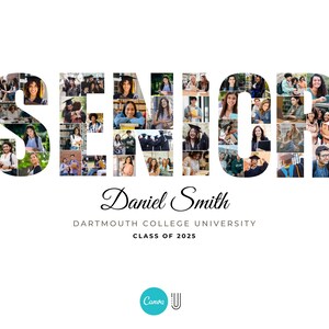 Pu&ograve; includere: Un collage di foto che compongono la parola "SENIOR" con il nome "Daniel Smith" e il testo "Dartmouth College University Class of 2025" sotto. Le foto mostrano persone in vari contesti, tra cui aule, biblioteche e spazi all'aperto.