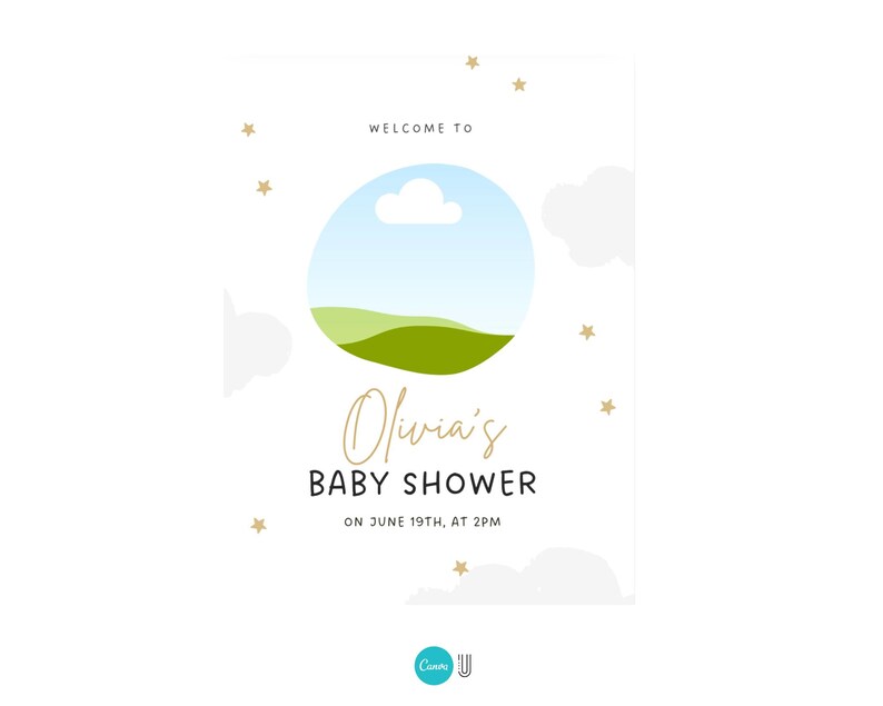 K&ouml;nnte beinhalten: Eine wei&szlig;e Babyparty-Einladung mit goldenen Sternen. Die Einladung zeigt einen gr&uuml;nen H&uuml;gel und einen blauen Himmel mit einer wei&szlig;en Wolke. Der Text auf der Einladung lautet "Willkommen zur Babyparty von Olivia am 19. Juni um 14:00 Uhr."