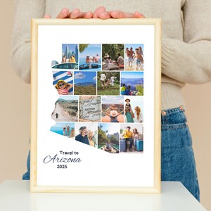 May include: A framed photo collage with a light wood frame. The collage features multiple images of travel destinations, with the text "Travel to Arizona 2025" at the bottom. The images are of various sizes and shapes, and the overall theme is travel and vacation.