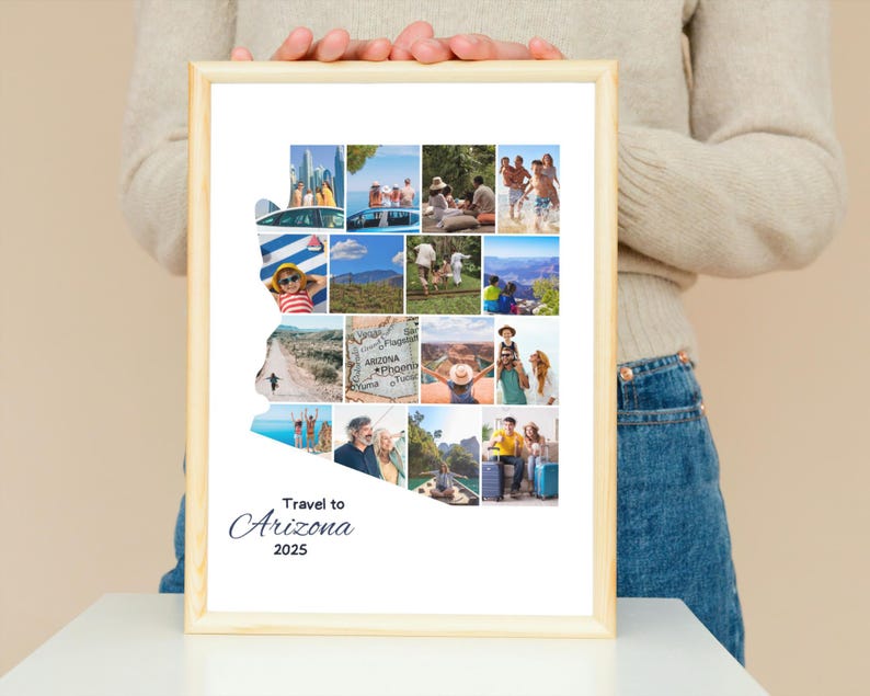 May include: A framed photo collage with a light wood frame. The collage features multiple images of travel destinations, with the text "Travel to Arizona 2025" at the bottom. The images are of various sizes and shapes, and the overall theme is travel and vacation.