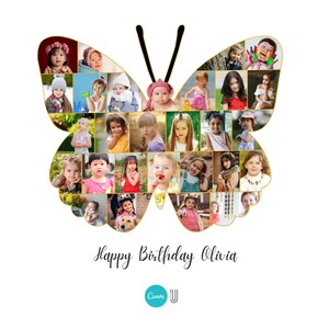 May include: A butterfly-shaped photo collage filled with images of children. The collage has a gold outline and black antennae. The words "Happy Birthday Olivia" are written in cursive below the butterfly.