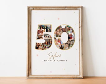 May include: A white photo collage in a wooden frame with a gold background. The collage is shaped like the number 50 and is filled with photos of people. The text "Sophia! Happy Birthday" is written below the collage.