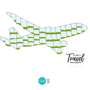 K&ouml;nnte beinhalten: Eine wei&szlig;e Grafik mit einer Flugzeugsilhouette, gef&uuml;llt mit Landschaftsbildern. Der Text "It's Time to Travel" steht in schwarzer Schrift, darunter "Wilson Family, UAE". Eine Kompassgrafik ist ebenfalls vorhanden.