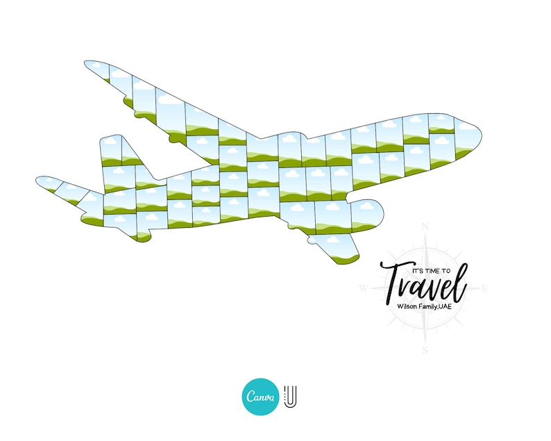 K&ouml;nnte beinhalten: Eine wei&szlig;e Grafik mit einer Flugzeugsilhouette, gef&uuml;llt mit Landschaftsbildern. Der Text "It's Time to Travel" steht in schwarzer Schrift, darunter "Wilson Family, UAE". Eine Kompassgrafik ist ebenfalls vorhanden.