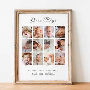 Aangepaste mijlpaalposter voor baby's eerste jaar, collagebord 1e verjaardag, gepersonaliseerd mijlpaalbord, sjabloon voor verjaardagsviering, cadeau