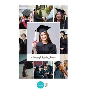 Pu&ograve; includere: Un collage di immagini con persone in abiti da laurea. L'immagine centrale mostra una laureata che tiene in mano un diploma. Il testo "Through Gods Grace" &egrave; visibile. Le immagini sono incorniciate con un bordo nero e il logo Canva &egrave; in basso.