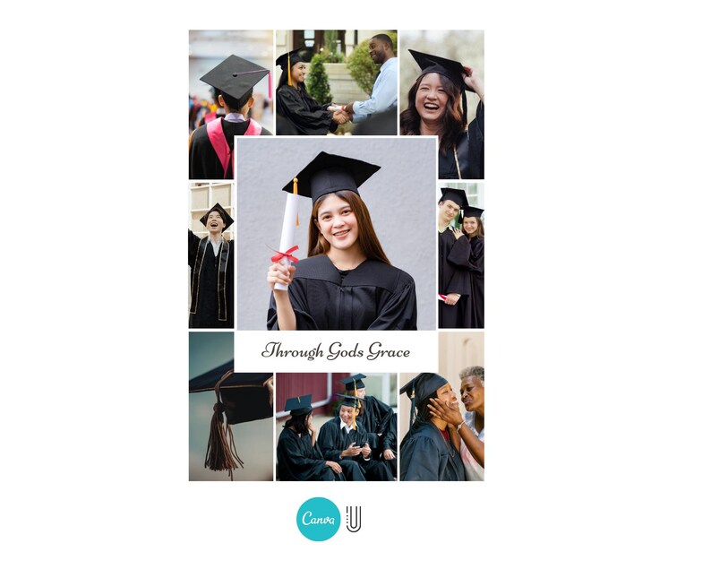 Pu&ograve; includere: Un collage di immagini con persone in abiti da laurea. L'immagine centrale mostra una laureata che tiene in mano un diploma. Il testo "Through Gods Grace" &egrave; visibile. Le immagini sono incorniciate con un bordo nero e il logo Canva &egrave; in basso.