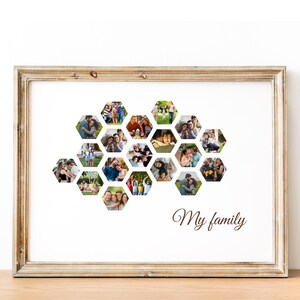 Puede incluir: Un collage de fotos de familia enmarcado en un patr&oacute;n de panal. Las fotos est&aacute;n dispuestas en forma de nube con el texto "Mi familia" debajo.
