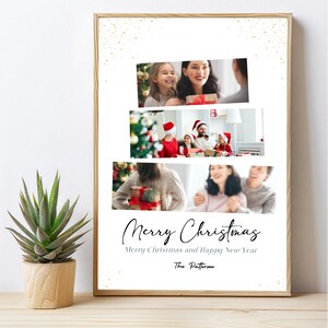 May include: A white Christmas card with a collage of family photos. The card has a gold glitter background and the text "Merry Christmas" and "Merry Christmas and Happy New Year" in black script. The bottom of the card reads "The Patterson".