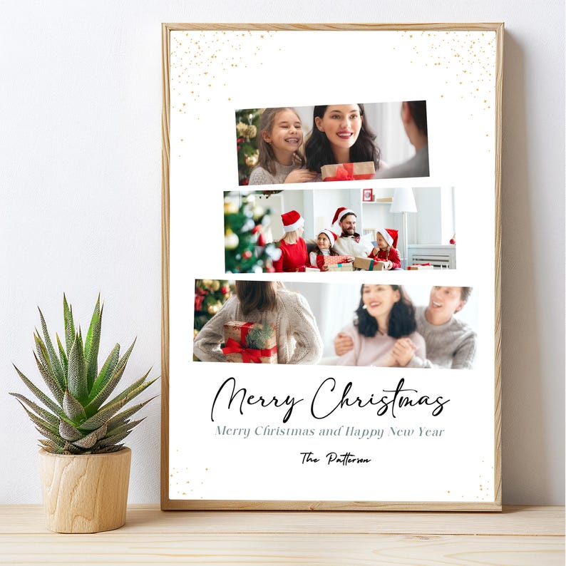 May include: A white Christmas card with a collage of family photos. The card has a gold glitter background and the text "Merry Christmas" and "Merry Christmas and Happy New Year" in black script. The bottom of the card reads "The Patterson".