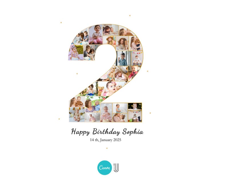 Second Birthday Photo Collage: Number 2 Template (Digital Download)