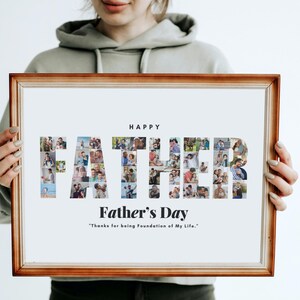 K&ouml;nnte beinhalten: Ein gerahmtes Foto-Collage mit dem Wort "VATER", das mit mehreren Fotos von Personen ausgeschrieben ist. Der Text "Frohen Vatertag" steht unter dem Collage mit dem Zitat "Danke, dass du das Fundament meines Lebens bist."