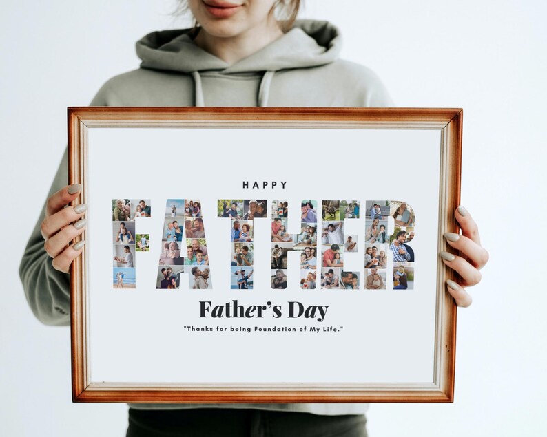 K&ouml;nnte beinhalten: Ein gerahmtes Foto-Collage mit dem Wort "VATER", das mit mehreren Fotos von Personen ausgeschrieben ist. Der Text "Frohen Vatertag" steht unter dem Collage mit dem Zitat "Danke, dass du das Fundament meines Lebens bist."