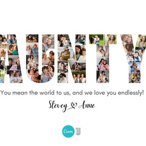 Puede incluir: Un collage de fotos que deletrea la palabra "AUNTY" con m&uacute;ltiples fotos de personas. El texto debajo del collage dice "You mean the world to us, and we love you endlessly! Stevey & Anne".