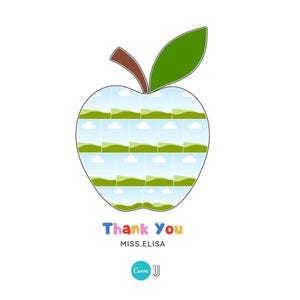 Peut inclure: Graphique en forme de pomme avec une tige marron et une feuille verte. La pomme est remplie d'images de paysages de collines vertes et de ciels bleus. Les mots "Thank You" sont en lettres color&eacute;es, avec "MISS.ELISA" en dessous.