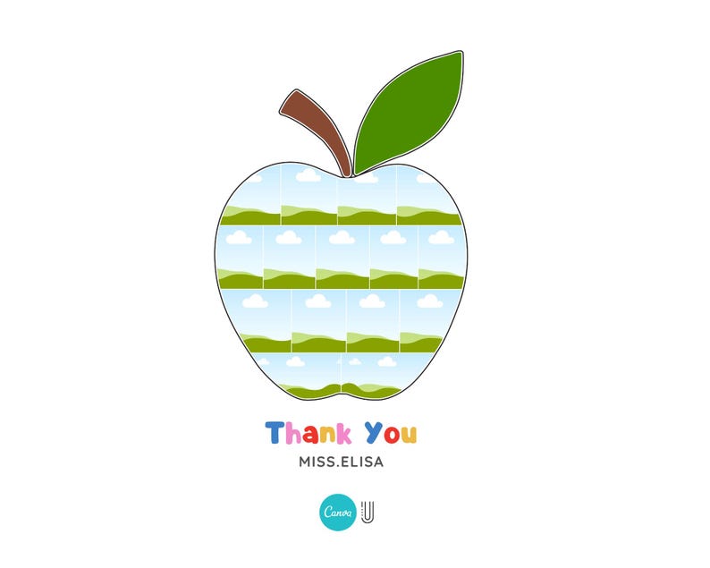 Peut inclure: Graphique en forme de pomme avec une tige marron et une feuille verte. La pomme est remplie d'images de paysages de collines vertes et de ciels bleus. Les mots "Thank You" sont en lettres color&eacute;es, avec "MISS.ELISA" en dessous.