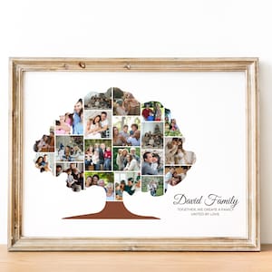 May include: A framed photo collage of a family in the shape of a tree. The collage is in a light brown frame and has a brown tree trunk. The text "David Family Together we create a family united by love" is at the bottom of the collage.