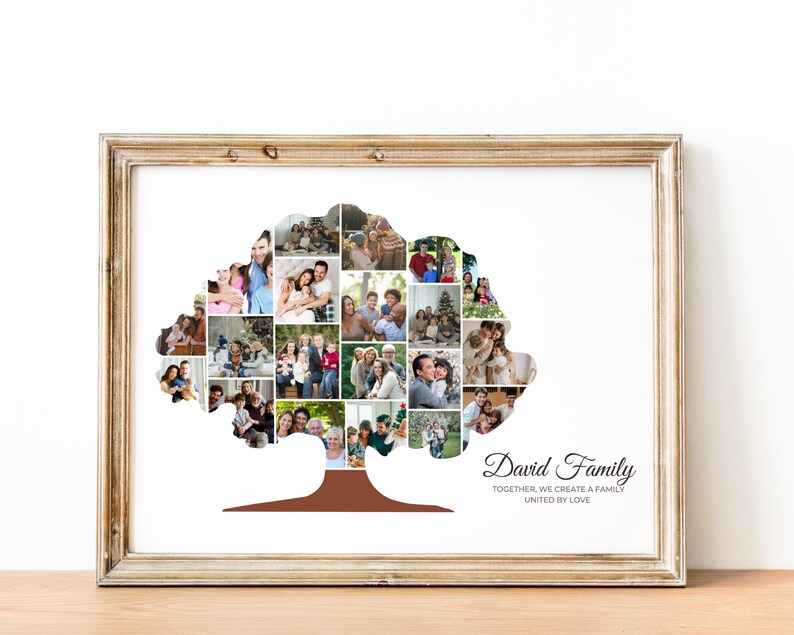 May include: A framed photo collage of a family in the shape of a tree. The collage is in a light brown frame and has a brown tree trunk. The text "David Family Together we create a family united by love" is at the bottom of the collage.