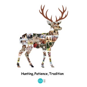 Pode incluir: Uma colagem de fotos em forma de veado contendo in&uacute;meras pequenas imagens retangulares de pessoas e animais dentro da silhueta, encimada por chifres castanhos. Abaixo do veado, o texto diz: Hunting, Patience, Tradition, com um log&oacute;tipo Canva.