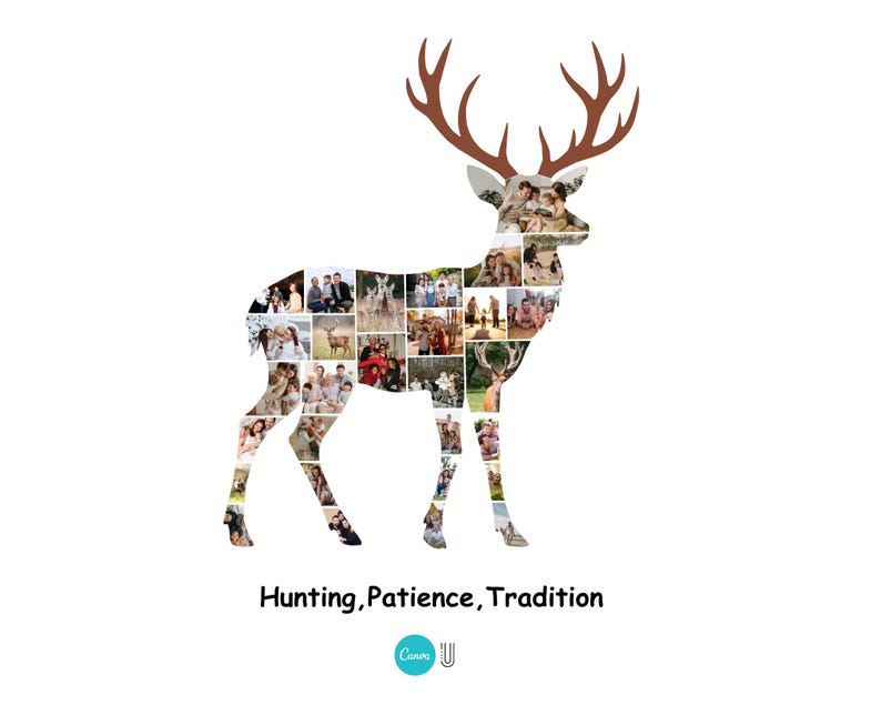 Pode incluir: Uma colagem de fotos em forma de veado contendo in&uacute;meras pequenas imagens retangulares de pessoas e animais dentro da silhueta, encimada por chifres castanhos. Abaixo do veado, o texto diz: Hunting, Patience, Tradition, com um log&oacute;tipo Canva.