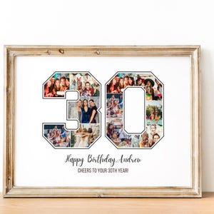 May include: A framed photo collage of a 30th birthday celebration. The number 30 is made up of photos of people. The text "Happy Birthday Andrew" and "Cheers to your 30th year!" is below the collage.
