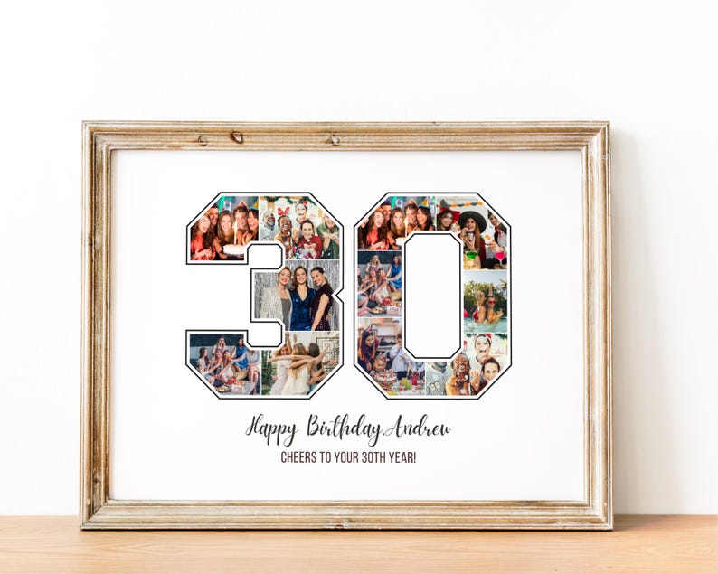 May include: A framed photo collage of a 30th birthday celebration. The number 30 is made up of photos of people. The text "Happy Birthday Andrew" and "Cheers to your 30th year!" is below the collage.