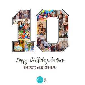 Op de afbeelding: Een fotocollage in de vorm van het getal 10, met foto's van kinderen die een verjaardag vieren. De tekst "Happy Birthday Andrew" en "Cheers to your 10th year!" staat onder de collage.