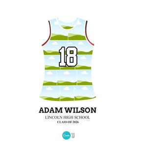 May include: A white basketball jersey with a red trim and the number 18 in black. The jersey is decorated with landscape photos. The text "ADAM WILSON, LINCOLN HIGH SCHOOL, CLASS OF 2026" is printed below the jersey.