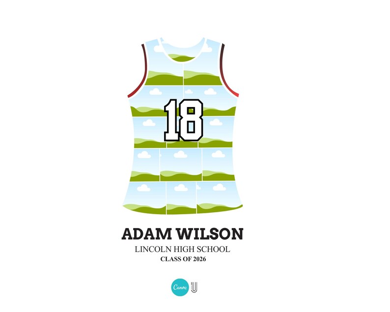 May include: A white basketball jersey with a red trim and the number 18 in black. The jersey is decorated with landscape photos. The text "ADAM WILSON, LINCOLN HIGH SCHOOL, CLASS OF 2026" is printed below the jersey.