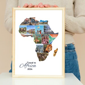 May include: A white framed print with a collage of images of Africa. The collage is shaped like the continent of Africa. The text "Travel to Africa 2024" is at the bottom of the print.