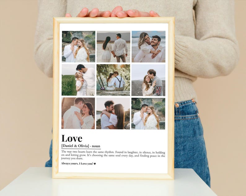 Peut inclure: Un tirage encadr&eacute; pr&eacute;sentant un collage de neuf photos de couples. L'impression comprend le mot "Love" avec une d&eacute;finition et les noms "Daniel & Olivia". Le cadre est de couleur bois clair.