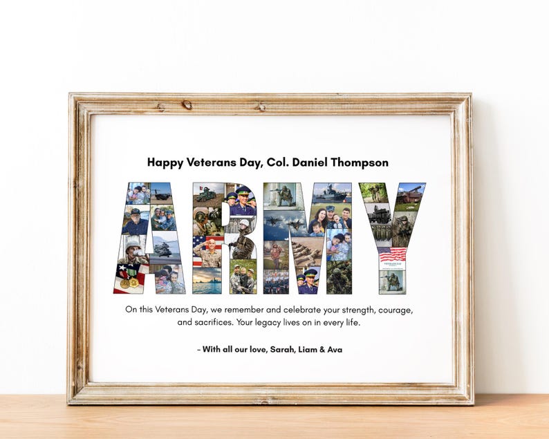 Op de afbeelding: Een ingelijste print met het woord "ARMY" uitgespeld in foto's. De tekst hierboven luidt "Happy Veterans Day, Col. Daniel Thompson." Hieronder staat: "Op deze Veteranendag herdenken en vieren we uw kracht, moed en offers."