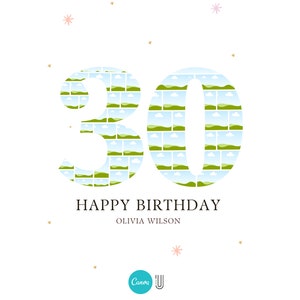 May include: A white background with a green and blue number 30. The number is made up of small images of landscapes. The text "Happy Birthday Olivia Wilson" is below the number.