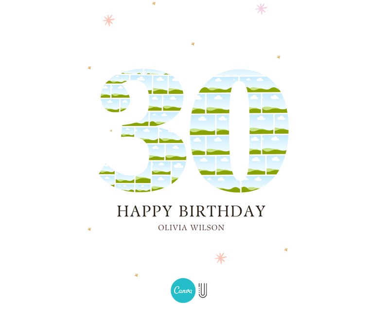 May include: A white background with a green and blue number 30. The number is made up of small images of landscapes. The text "Happy Birthday Olivia Wilson" is below the number.
