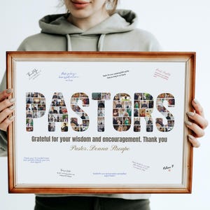 K&ouml;nnte beinhalten: Ein gerahmter Druck mit dem Wort "PASTORS" in gro&szlig;en Buchstaben, die jeweils mit kleinen Fotos gef&uuml;llt sind. Der Druck enth&auml;lt den Text "Dankbar f&uuml;r Ihre Weisheit und Ermutigung. Danke Pastor, Donna Stroupe."
