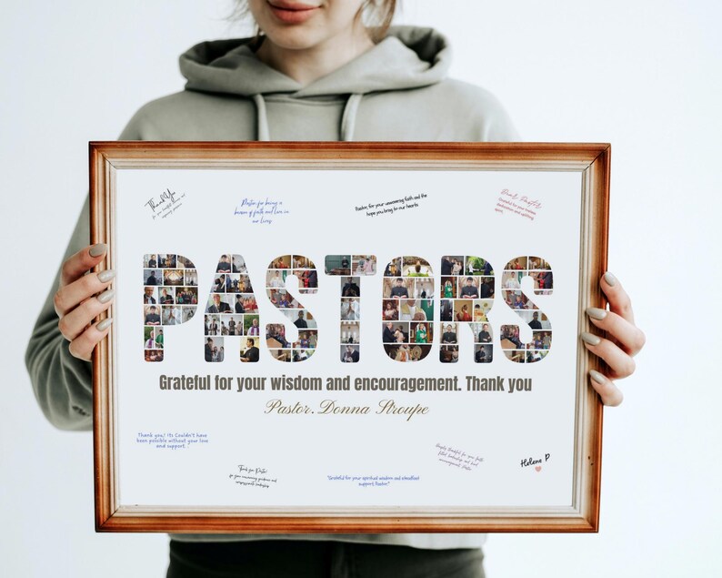 K&ouml;nnte beinhalten: Ein gerahmter Druck mit dem Wort "PASTORS" in gro&szlig;en Buchstaben, die jeweils mit kleinen Fotos gef&uuml;llt sind. Der Druck enth&auml;lt den Text "Dankbar f&uuml;r Ihre Weisheit und Ermutigung. Danke Pastor, Donna Stroupe."