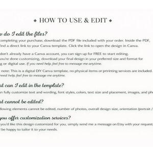 Peut inclure: Un guide d'instructions num&eacute;rique intitul&eacute; HOW TO USE & EDIT. Il pr&eacute;sente quatre sections : How do I edit the files, What can I edit in the template, What cannot be edited et Do you offer customization services, expliquant l'utilisation du mod&egrave;le Canva.