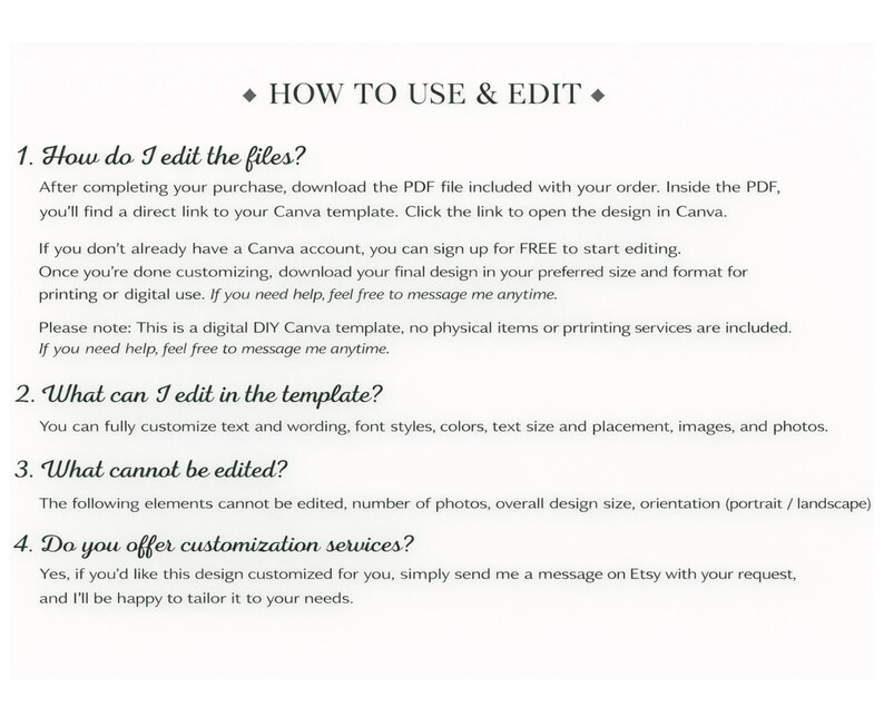 Peut inclure: Un guide d'instructions num&eacute;rique intitul&eacute; HOW TO USE & EDIT. Il pr&eacute;sente quatre sections : How do I edit the files, What can I edit in the template, What cannot be edited et Do you offer customization services, expliquant l'utilisation du mod&egrave;le Canva.