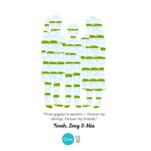 May include: A white graphic featuring three figures composed of landscape images. The figures are in the shape of a family. The text reads "From giggles to secrets - forever my siblings, forever my friends." Below the text are the names "Noah, Zoey & Mia."