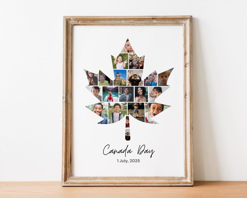 May include: A framed print featuring a maple leaf shape filled with various photos. The print is in a wooden frame and includes the text "Canada Day" and the date "1 July, 2025". The photos appear to be of people.