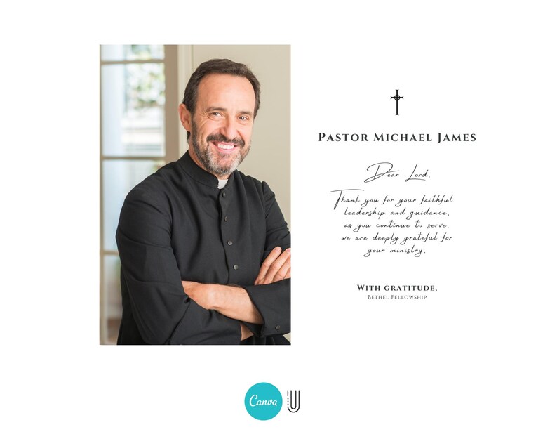 May include: A portrait of Pastor Michael James, smiling with arms crossed, next to text that reads "Dear Lord, Thank you for your faithful leadership and guidance..." The image has a cross symbol at the top.