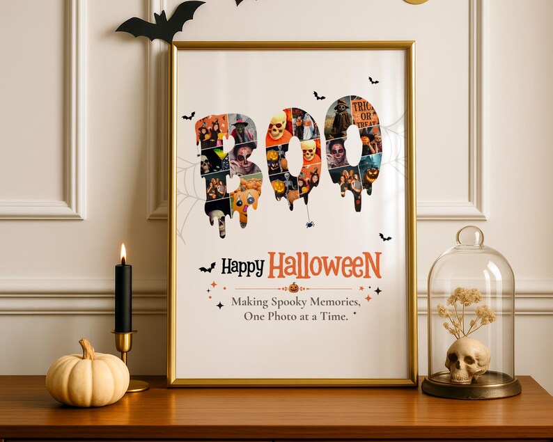 May include: A framed vertical poster featuring the word BOO in a dripping font filled with a collage of Halloween photos. Below, the text reads Happy Halloween and Making Spooky Memories, One Photo at a Time, accented by small bats and a pumpkin icon.